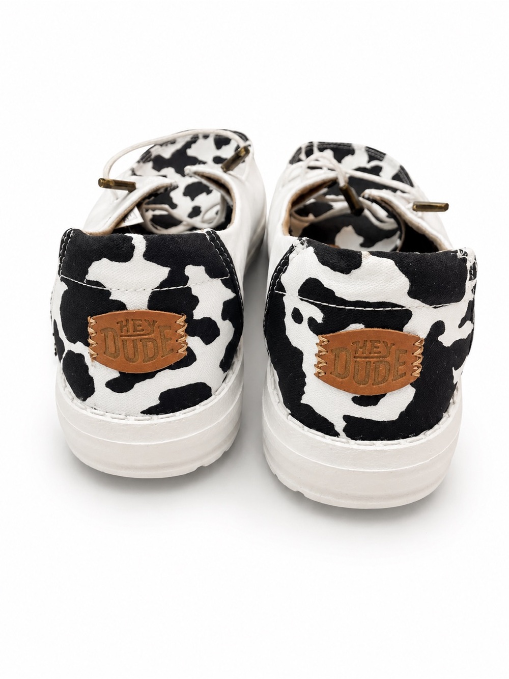 Hey Dude White Shoes with Black Cow-Print Vamp - Picture 2 of 4